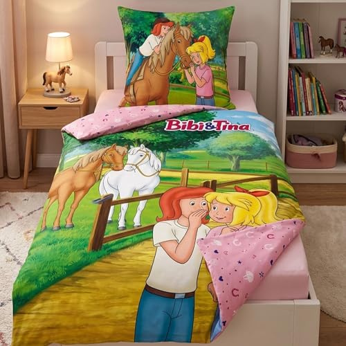 Familando – Bibi und Tina Bettwäsche Set (2-teilig) – Decken- & Kissenbezug 135x200 cm & 80x80 cm mit Reißverschluss – 100% Baumwolle Renforcé – Wendemotiv – Oeko-TEX Zertifiziert