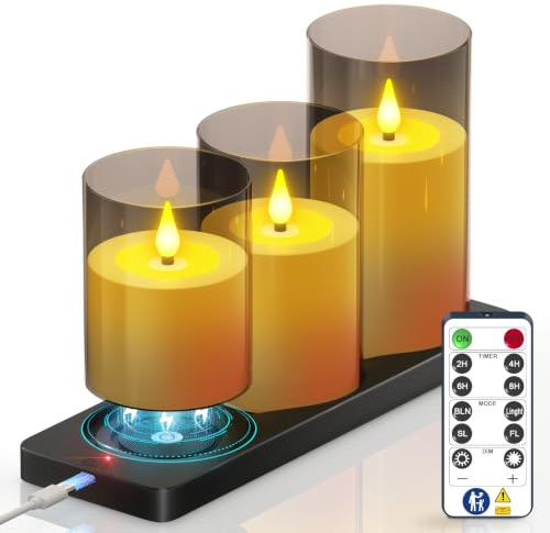 SoulBay LED Kerzen Aufladbar mit Timerfunction & Magnetische Ladestation | Elektrische Kerzen mit Fernbedienung, 3er Set(10, 12.7, 15.1cm) LED Stumpenkerzen für Party Zimmer Halloween Deko Weihnachten