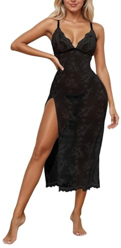 Générique Elegant lång babydoll spets med sidoslits och string för kläder