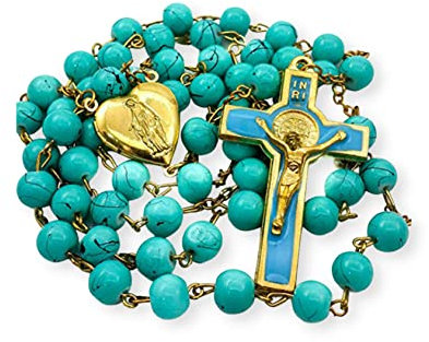 Nazareth Store Rosenkranz-Halskette mit roten Korallenperlen, katholischer Heiliger Benedikt, Rosenkranz, Herzmedaillon, Medaille und Kreuz, religiöses Amulett für Frauen und Männer (Türkis)
