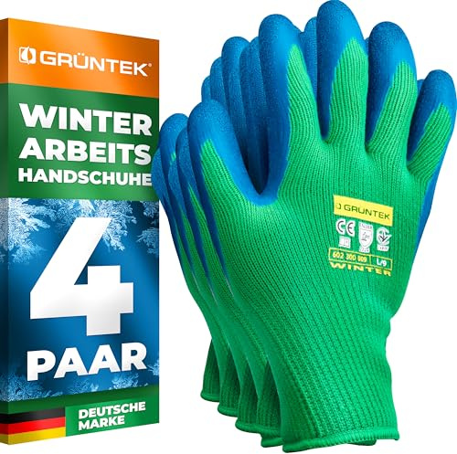 GRÜNTEK Guanti da Lavoro Giardinaggio Invernali Foderati Uomo Donna 4 Paia - Rivestimento Lattice Idrofugo 4 PAIA Taglia L/9 con Polsino Elastico Morbido