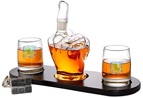 1000 Ml Novità Decanter Per Whisky, Decanter Per Liquori in Vetro Borosilicato Con Tappo Per Dito Medio Rimovibile 2 Bicchieri, Pietre Di Whisky E Base in Legno Per Regalo