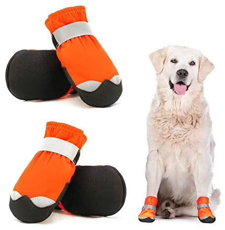 Dociote wasserdichte Hundeschuhe pfotenschutz mit Anti-Rutsch Sohle, reflektierendem Riemen, Klettverschluss Schneeschuhe für mittelgroße große Hunde 4 Stück Orange 6#