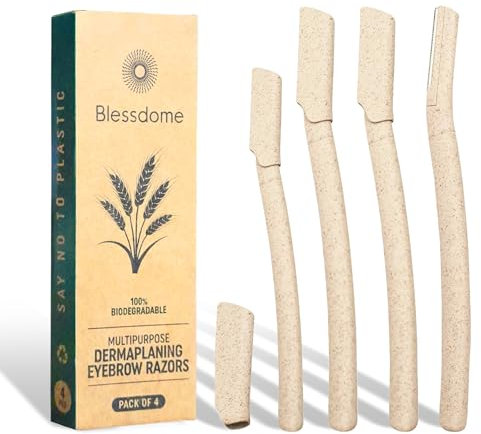 BLESSDOME 4Pcs Biodegradable Wheat Straw Eyebrow Razor Shaper for Women | Peach Fuzz & Facial Hair Remover and Trimmer | Exfoliating Dermaplane Tool |Eco-Friendly Dermaplaning Blades for Face