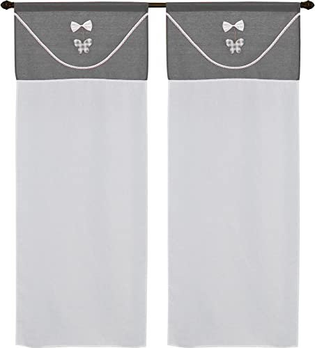 coppia di tendine a vetro da cucina art lille shabby tessutto effetto lino seta in poliestere con applicazione di fiocco bianco e farfalla motivo scozzese mis 60x240cm dis boccolo grigio