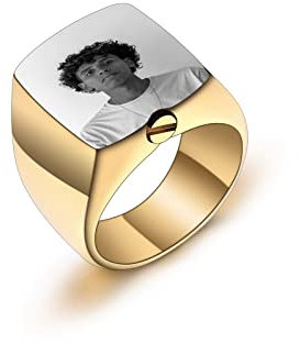 INBLUE Ringe Herren Asche Ring Edelstahl Siegelring mit Gravur Personalisierter Text Eingraviert Schwarzer Silber Ring Hunde Erinnerung Schmuck mit Trichter Werkzeug (Gold, Schwarzweißfoto, Größe 60)