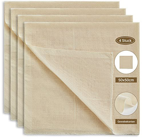 4 Stück Passiertuch - Reißfestes Passiersieb aus Mulltücher und Baumwolle, Nussmilchbeutel aus Käsetuch für Käseherstellung und Bio-Nussmilch, Netzspültuch Waschbar und Wiederverwendbar 50 x 50 cm