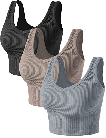 Tank Tops for Women Workout - Women’s Crop Tanktops Top V Neck Fitted Tanktops Basic Ribbed Black Grey Khaki Cropped for Yoga, Sports Gym Running Woman Seamless Casual Athletic Toos (P055 Bl/Gr/Kh M)
