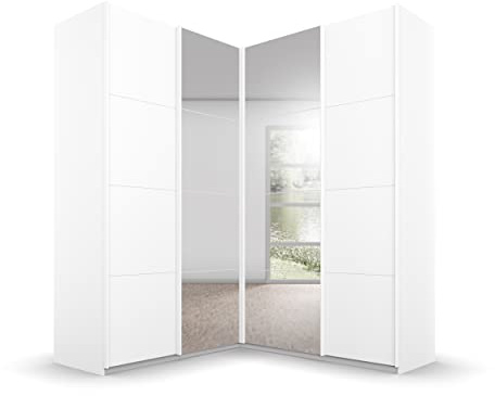 Rauch Möbel QUADRA, Eckschrank, Farbe Weiß, Breite 181 cm | Eckschrank mit Schwebetüren, 4-türig, mit Spiegel, für Schlafzimmer, Gästezimmer, Ankleidezimmer, Garderobe