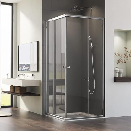 Eckeinstieg Schiebetür Duschkabine 80x80 cm Doppel Schiebetüren Duschabtrennung mit 6mm ESG Sicherheitsglas, Silber Duschwand Duschtür Höhe 185cm, Umlaufender Profilrahmen aus Aluminium
