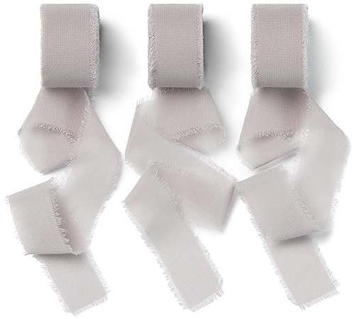 AOKSUNOVA Schleifenband Geschenkband Hochzeit Chiffonband Grau | Chiffonband als Schleifenband und Geschenkband für Hochzeit, 2,5 cm x 18,9 m Stoffband mit Fransen für Festliche Deko