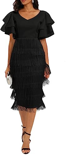 VERWIN Women's Fringe Maxi High Waist V Neck Tiered Tassels Dress With Ruffles Sleeve Bodycon Prom L Black