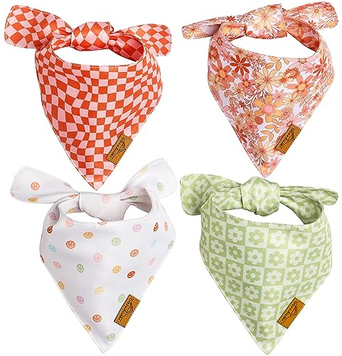 Remy+Roo Large Spring Dog Bandanas - 4 Pack Daisy Set | Premium Durable Adjustable Polyester Fabric | Patented Shape Girl Dog Bandana, Trendy Pattrens, Floral Dog Bandana