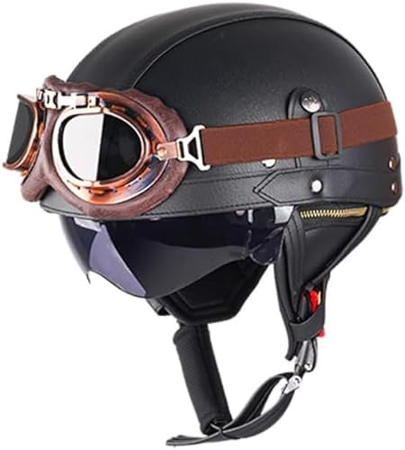 Retro Helm Motorradhelm Lederhelm Jethelme Vintage Mopedhelm Mit Brille ECE Zertifiziert Motorradkreuzer-Rollerhelm im Deutschen Stil (Eisenhaltig,S/55-56cm)