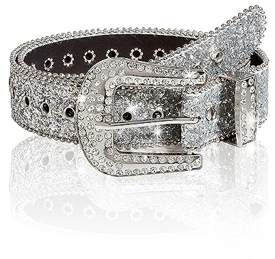 JK Home Women Goth Glitter Rhinestone Rock Belt for Dress Jeans, Bling Diamond Leather Cowgirl Cowboy Studded Punk Belt Strap, Sparkle Sequin Western Belt for Men Pants
