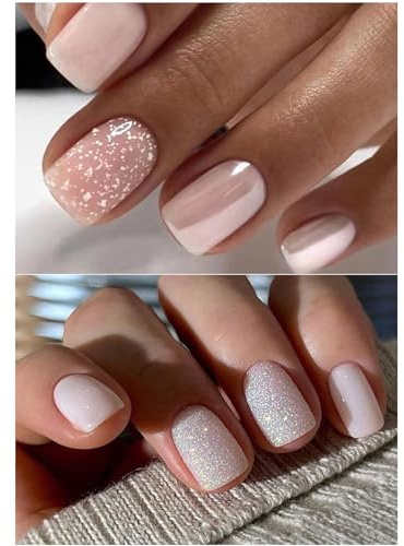Ceboic 2 Packs (48 Pcs) Press on Nails Kurz, Square Künstliche Nägel Französische Rosa Glitzer Kunstnägel Nägel Zum Aufkleben mit Design, Eckig Acryl Fingernägel Fake Nails für Frauen & Mädchen
