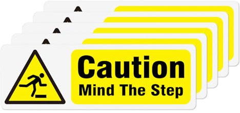 YIKIADA Caution Mind The Step Sign Plastic 150 × 50 mm Self Adhesive Safety Signage Attention Stairs Warning Notice for Floor Door Window Pack of 5