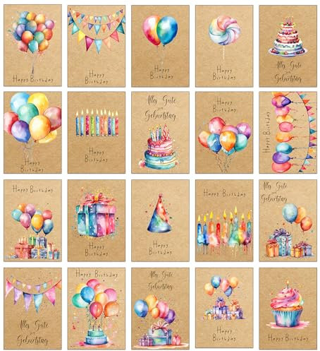 the lazy panda card company Set mit 20 Geburtstagskarten in Wasserfarben gemalt - kein Design zweimal - aus Recyclingpapier