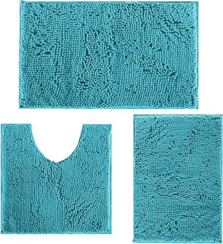 RUN HELIX Juego de 3 alfombrillas de baño para el baño, antideslizantes, lavables, bañeras y bañeras, traje de baño para ducha, bañera, decoración de inodoro (turquesa)