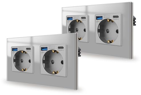JIMEIDA 2 Pack Doppelsteckdose mit USB 20W Glas Grau Unterputz,2 Fach 16Amp Steckdosen mit USB A und Type C,157 * 86mm,250V