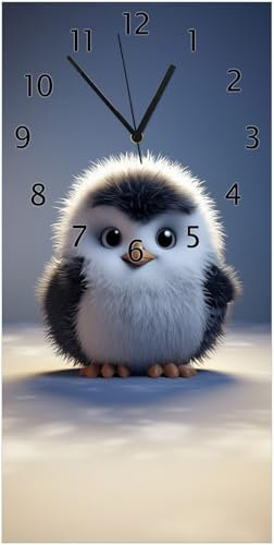 Wallario Design-Wanduhr Flauschiger Pinguin aus Glas, Motiv-Uhr Größe 30 x 60 cm, Schwarze Zeiger