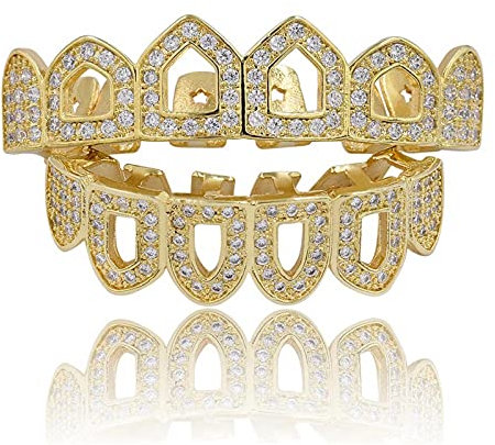 Generic Hip Hop Luxuriöse Zirkonia Zähne Männer 18K Gold überzogen Iced Out Rapper Kostüm Cosplay Grillz Vampire Zähne Silber Grills mit Extra Molding Bars Goldschmuck für Frauen Zähne,Gold