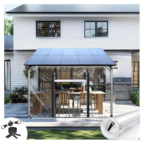 PVC Vinyl Transparency Tarpaulin Glass with Grommets,Clear Waterproof Tarp with Zipper Door, Cold Weather Resista,Rainproof, Wind-Proof, Anti-Tear,680g/㎡,for Patio,Porch(H3xW4m/H9.8xW13.1ft)