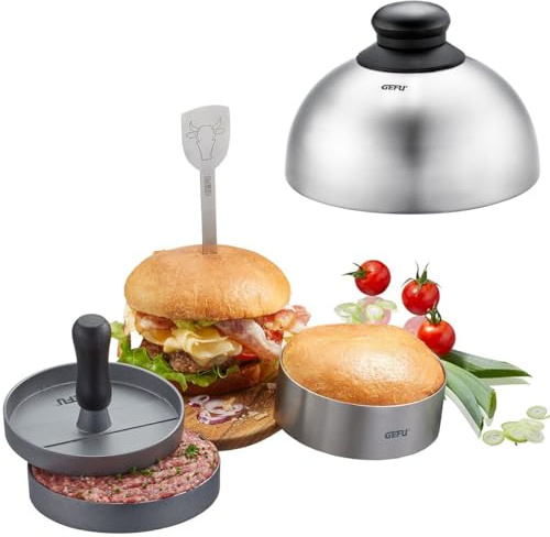 GEFU 4-teiliges BBQ Burger-Set - Burgerpresse, Schmelzglocke & Ring | Zubehör zum Grillen für perfekte Pattys und Buns - inkl. Burger-Spieß & Garhaube für Cheeseburger - spülmaschinengeeignet