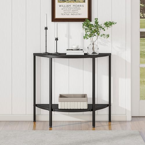 VECOCHO Konsolbord Smalt Soffbord med 2 Nivåer Modernt Sidobord Halvcirkelformat för Vardagsrum, Sovrum, Balkong, Hallbord 90 x 30 x 82 cm Svart | Soffbord 2-nivåer halvmåne soffbord, litet entrébord, smalt hallsidobord med metallram