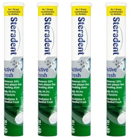 Steradent Active Fresh Denture Cleaning Tablets 30 - Daily Denture Cleaning Bundle Tablets - Pack of 4