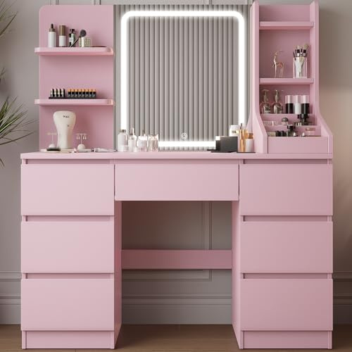 TRIUMPHKEY Schminktisch mit LED Beleuchtung,Einstellbarer Helligkeit,Frisiertisch mit Spiegel,Moderner Kosmetiktisch mit 7 Schubladen, 4 Ablagen und 3 offenen Fächern für das Schlafzimmer (Rosa)