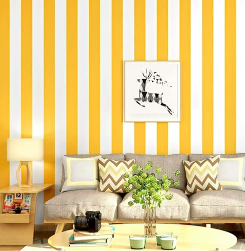 Papier peint PVC Auto-adhésif Rayures verticales minimalistes modernes Peel and Stick Film Autocollant Meuble Décoratif pour Salon Chambre à Coucher de Cuisine 0,53 m x 3 m = 1.59 m²(Jaune vif)