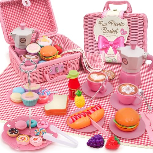 HAPGFS Pink Pretend Afternoon Tea Party Set with Storage Basket, Play Food & Accessories for Girls, Tea Party Set for Toddlers Indoor Outdoor Pretend Play, Kids Picnic Basket Toy Gift for Ages 3-8