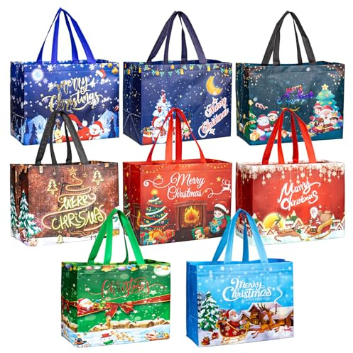 Weifeng 8 Stück Geschenktüten weihnachtstüten Große mit Griffen, 34.5 * 33 * 2.8cm Wiederverwendbare Non Woven Weihnachtsgeschenktüten, Faltbare Weihnachtstaschen für Weihnachten Gifts Christmas
