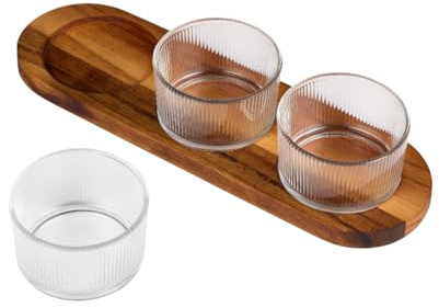 Tala Set of 3 Ribbed Glass Pinch Pots with Acacia Serving Tray, Mini Glass Storage Jars for Salt, Herbs & Spices, Condiments and Snacks, Measures 8.8 x 8.1 x 5.1cm, 190ml