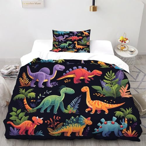 XIKMLSID Dinosauro 2 Pezzi Set Di Biancheria Da Letto Per Bambini, Piumone E 1 Lenzuola,disegno Animali,fibra Ultrafine,100% Cotone Single（135x200cm）