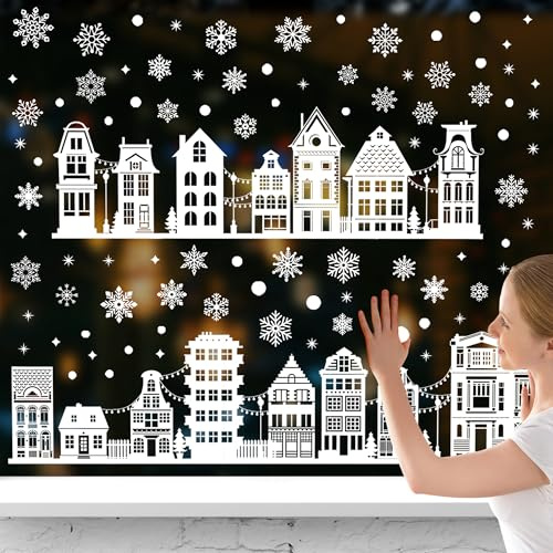 Npcswxq 137 Stück Weihnachts Fensterbilder,Doppelseitig Wiederverwendbar Fensteraufkleber Weihnachten,mit Häuser, Schneeflocken,fürCafé, Schaufenster,Fenster,Xmas Winter Hause Weihnachtsdeko