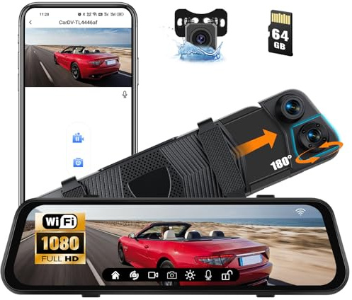 CAMECHO Rückspiegel 9,66 Zoll 1080P Spiegel-Dashcam für Autos mit 3 Kameras 720P, vorne 150° und hinten Dashcam 120° mit Rückfahrlinie, Nachtsicht, G-Sensor, 64 GB Speicherkarte, WLAN-App