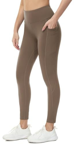 baleaf Termoleggings, dam, vinterleggings, hög midja, sportleggings med fickor, leggings, yogabyxor av fleece, vinterbyxor är vattentäta, 25-i-5 fick-brun, XS