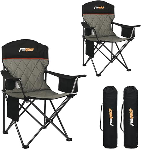 funyakit Heavy Duty Camping Chairs 350LBS Capacity Portable Chair Folding Chair with Cooler Bag and Cup Holder for Outdoor,Sports,Beach,Fishing, Hiking, Travel, Picnic, Backyard,2PC,Black
