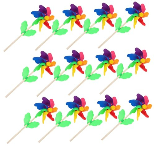 HANABASS 12 pièces Lot de Moulins à Vent Arc-Ciel pour Jardin Extérieur Décor Coloré Léger Tige Bois Garçon Fille Amusant pour Patio et Pelouse