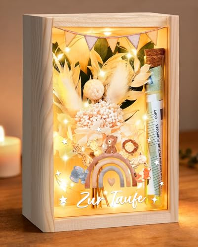 Taufgeschenke für Mädchen Jungen, Geldgeschenke Verpackung Taufe | inklusive Holzbox+Trockenblumen+LED Lichterkette+Reagenzglas+Taufkarte, Kreative Geschenke zur Taufe