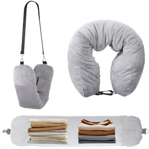 Yuomeaz Stuffable Neck Pillow for Travel, Travel Pillow with Storage, Adjustable Neck Size, No Filler Storage Pillows Fits 3+ Days of Travelling Essentials for Extra Luggage, No Filler