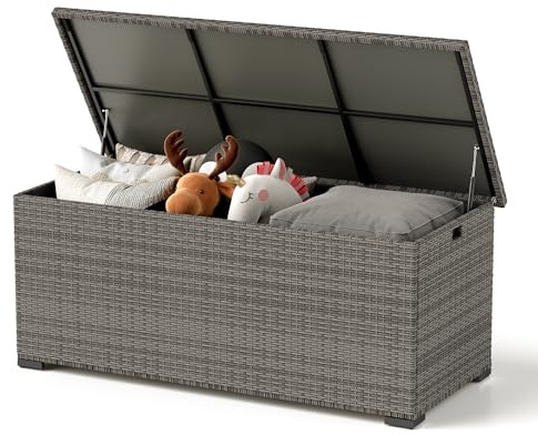 UDPATIO 650L Rattan Garden Storage Box | Outdoor Waterproof Storage Box with Gas Lift Lid | Outside Cushion Box | Deck Box | Grey