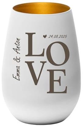 Windlicht mit Spruch | Teelichtglas | Geschenkidee für Familie, Freunde & Herzensmenschen | Dekoration & Kerzenhalter | 12 x 8,5 cm Pohmer Design | Bergliebe (Weiß-Gold, Love personalisiert)