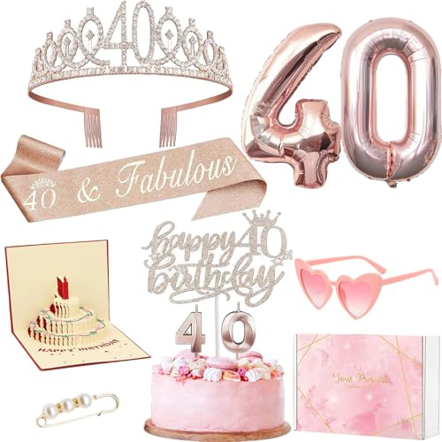 AUNGKWANG Decoración para el 15/18/25/30/40 Cumpleaños de Mujeres, Corona de Cumpleaños y Fajín, Gafas en Forma de Corazón, Decoración para Tarta de Cumpleaño y Velas, Globo de Foil Dorado Rosado