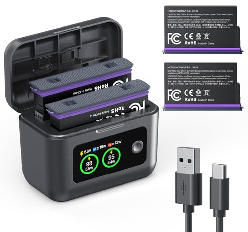 K&F CONCEPT Battery Charger Set Compatible with Insta360 X5 Action Camera | 2-Pack 2700mAh Batteries with PD 20W Fast USB-C Charger with LCD Color Display JHX5