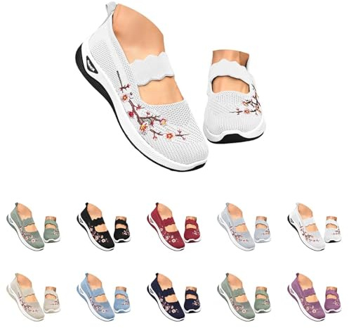 Ortopediska skor dam breda H, slip-on sneakers dam sommar sportskor nät ventilerande fritidsskor mjuka bekväma slip-skor blombroderi promenadskor lätta joggingskor