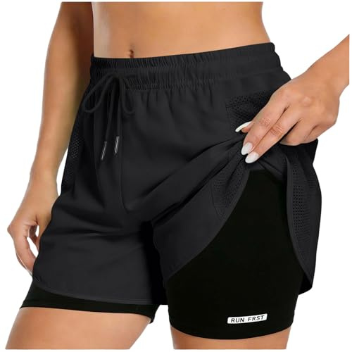 Gym Shorts for Women 2 in 1 Mesh Quick Dry Breathable Sports Shorts Soft Stretch Running Workout Athletic Yoga Pants Drawstring Elastic Waist Training Joggers Bottoms with Pockets