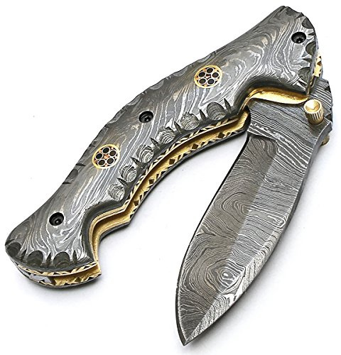 Damascus Blades and Knives 9023 - Couteau de poche pliable, fabriqué artisanalement en acier de Damas, idéal comme couteau de chasse, de camping, de collection, à fromage, fourreau inclus